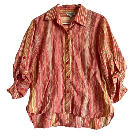 Coldwater Creek Pink Striped Button Up Blouse Womens Size PM 100% Linen - Picture 1 of 10